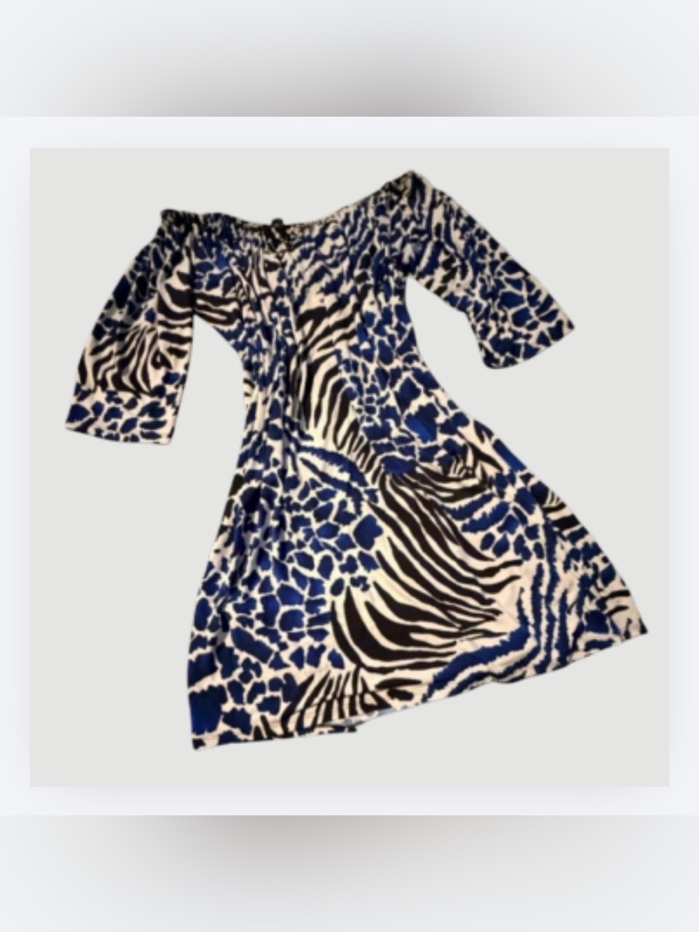 Tiana B. Off-Shoulder Dress, Black & Blue Animal Print, Elastic Neckline, Sz L